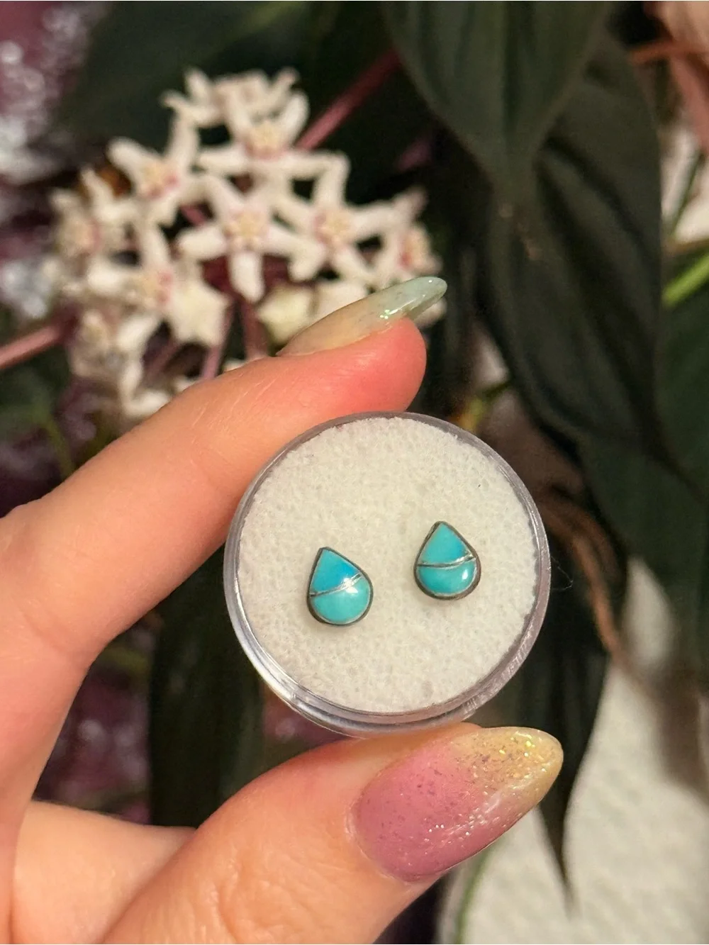 Vintage Zuni-Style Teardrop Turquoise Channel Inlay Sterling Silver Earrings - Picture 5 of 7